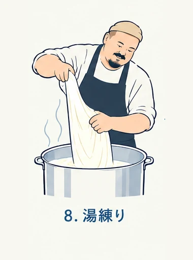 熱いお湯の中で、伸びるようになったカードを引き上げているところ