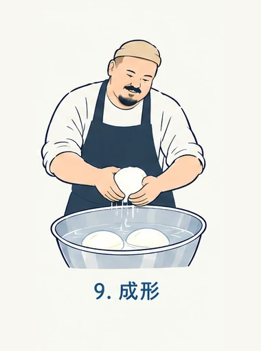 熱いカードを手でちぎり、丸めて冷水に落としているところ